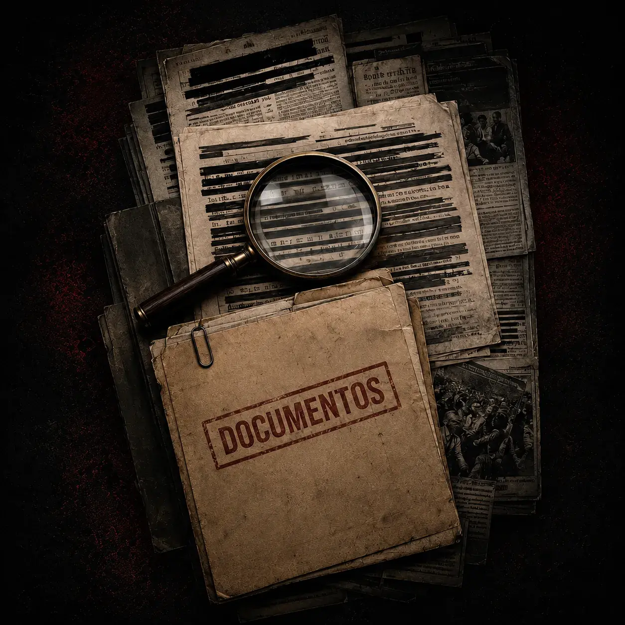 Pilha de documentos e recortes de jornal antigos com trechos tarjados, uma lupa sobre eles e uma pasta carimbada com a palavra Documentos.